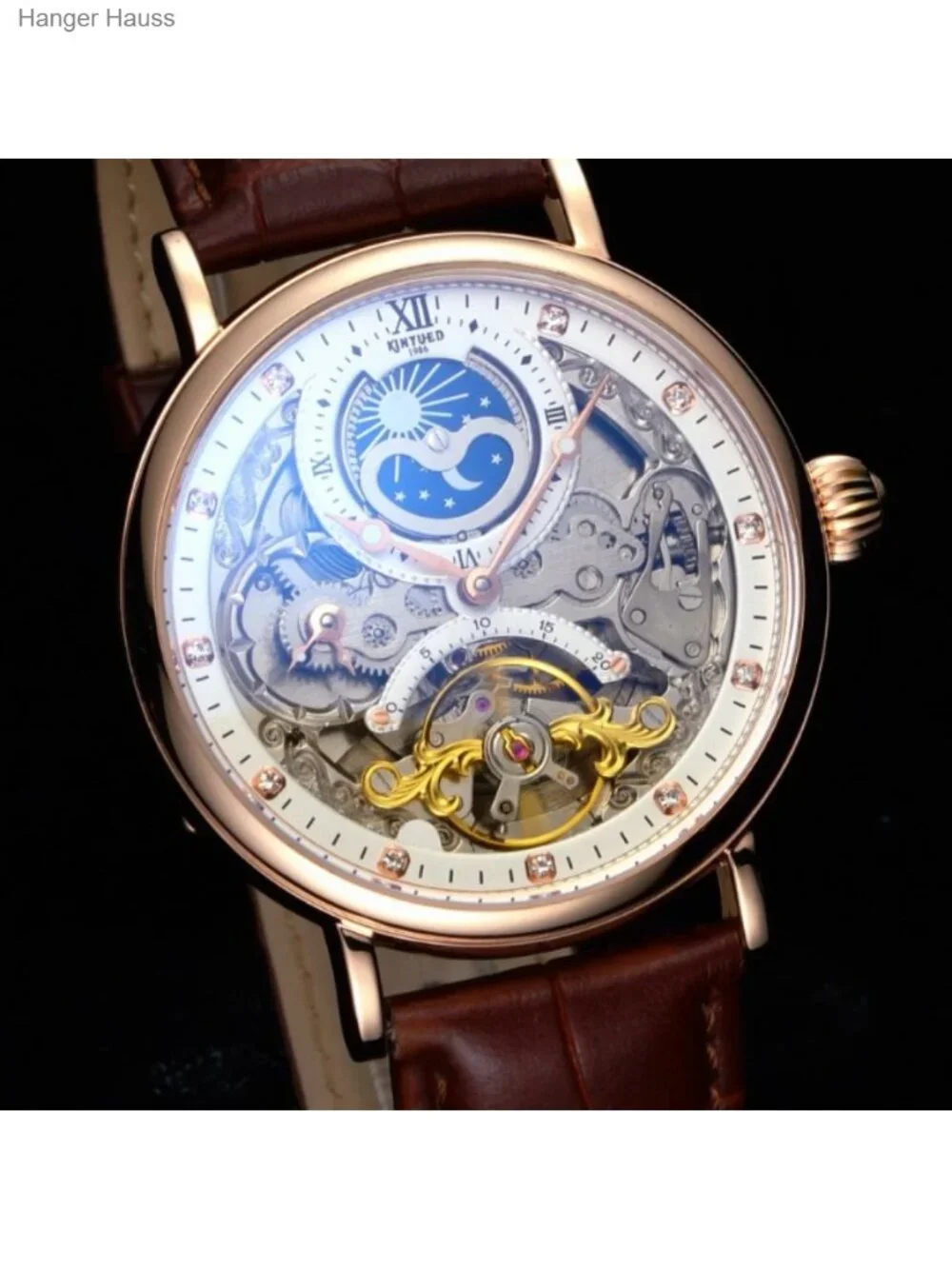 Men's Luxury Skeleton Automatic Mechanical Watch Leather Strap Moon Phase